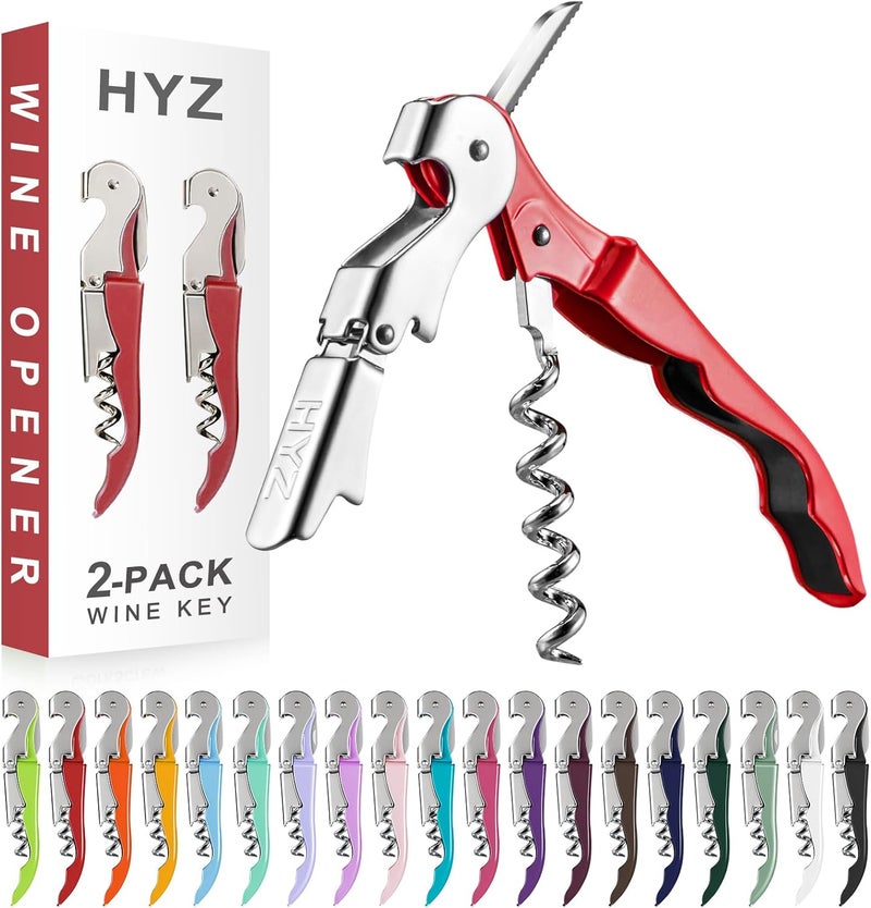 HYZ 2-Pack Wine Opener Waiter Corkscrew, Professional Wine Key for Servers, Bartender with Foil Cutter, Manual Wine Bottle Opener Double Hinged (Red) - Image 1